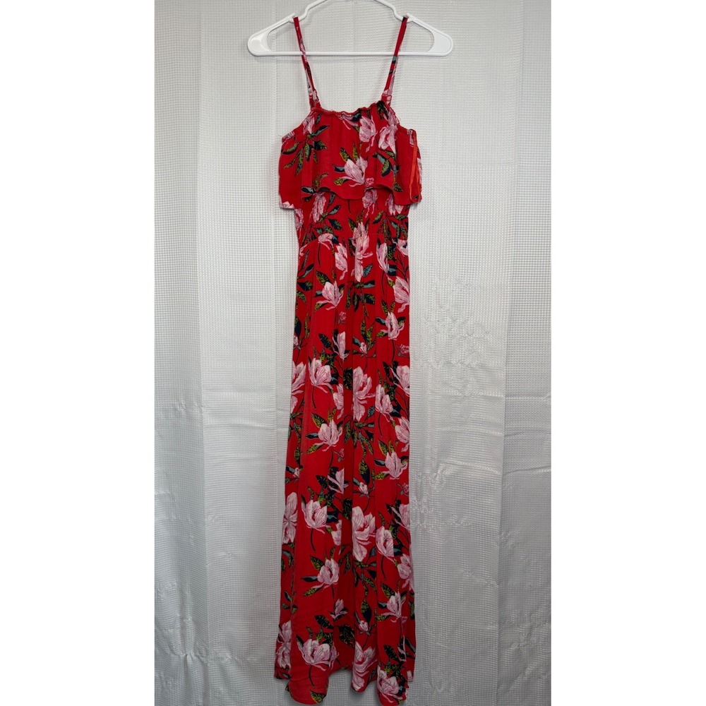 Sim & Sam Maxi‎ Dress S Red Floral Ruffle Smocked Waist Strappy
